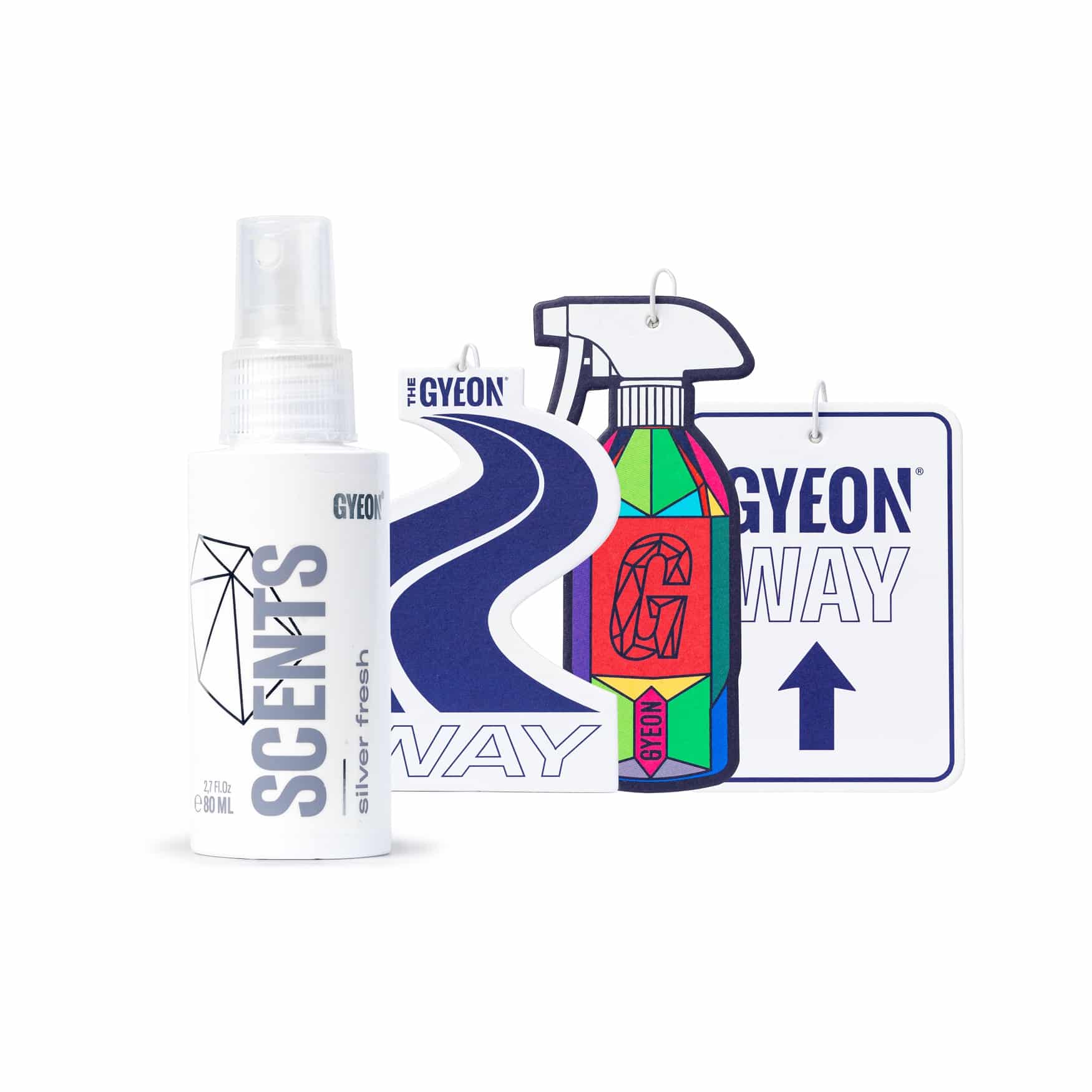 GYEON Q²M Scents Silver Fresh 80ml GYEON Q²M Scents Silver Fresh 80ml autoparfum met drie geurhangers op witte achtergrond